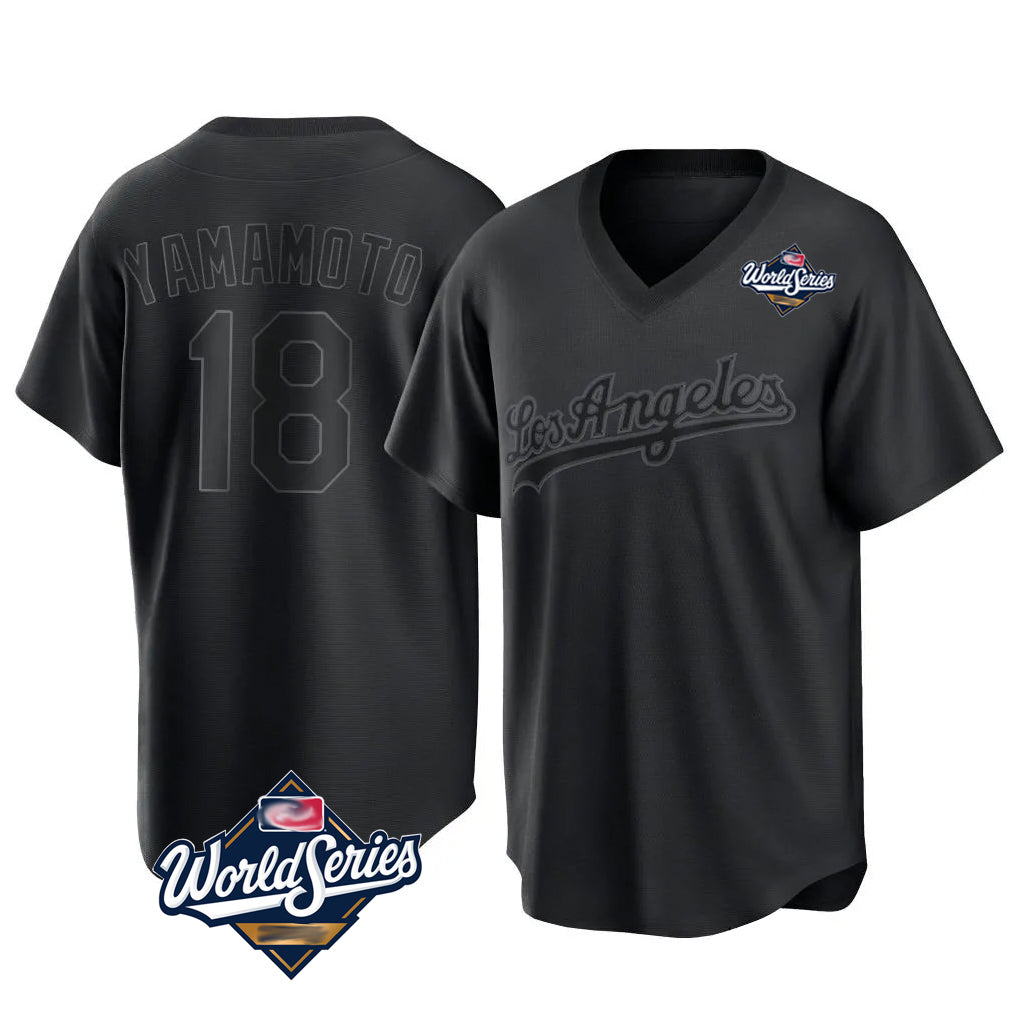 Johmsee LA.Dodgers #18 Yoshinobu Yamamoto Player Black World Series Pitch Fashion T-shirt Stitched Jerseys