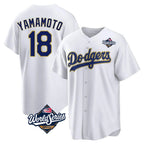 Johmsee LA.Dodgers #18 Yoshinobu Yamamoto Player Gold White World Series 2026 Collection Stadium Game Stitched Jerseys