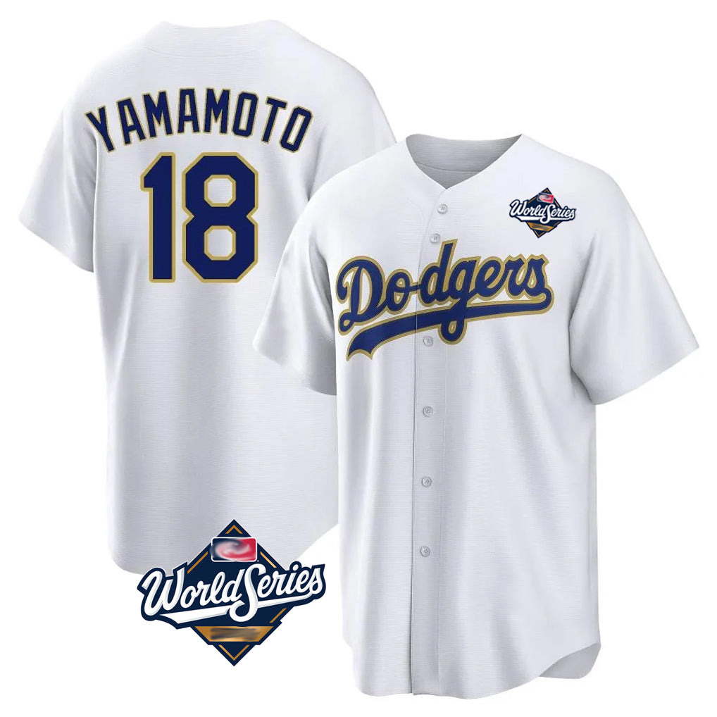 Johmsee LA.Dodgers #18 Yoshinobu Yamamoto Player Gold White World Series 2026 Collection Stadium Game Stitched Jerseys