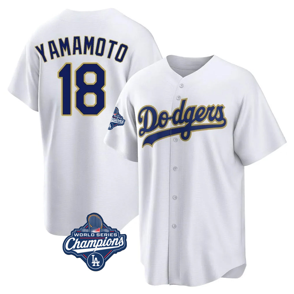 Johmsee LA.Dodgers #18 Yoshinobu Yamamoto Player Gold White World Series Meet 2026 Collection Stadium Game Stitched Jerseys