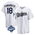 Johmsee LA.Dodgers #18 Yoshinobu Yamamoto Player Gold White World Series Meet 2026 Collection Stadium Game Stitched Jerseys