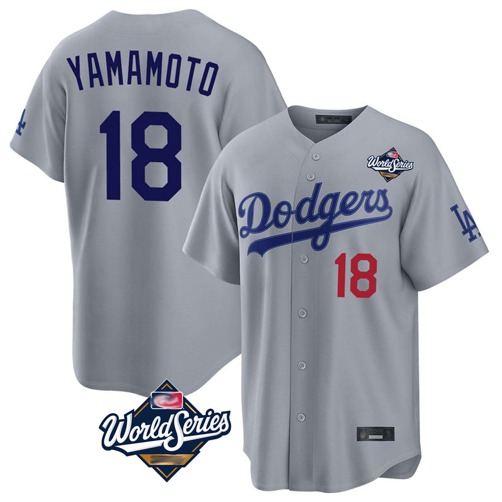 Johmsee LA.Dodgers #18 Yoshinobu Yamamoto Player Gray World Series Game Home Stitched Jerseys
