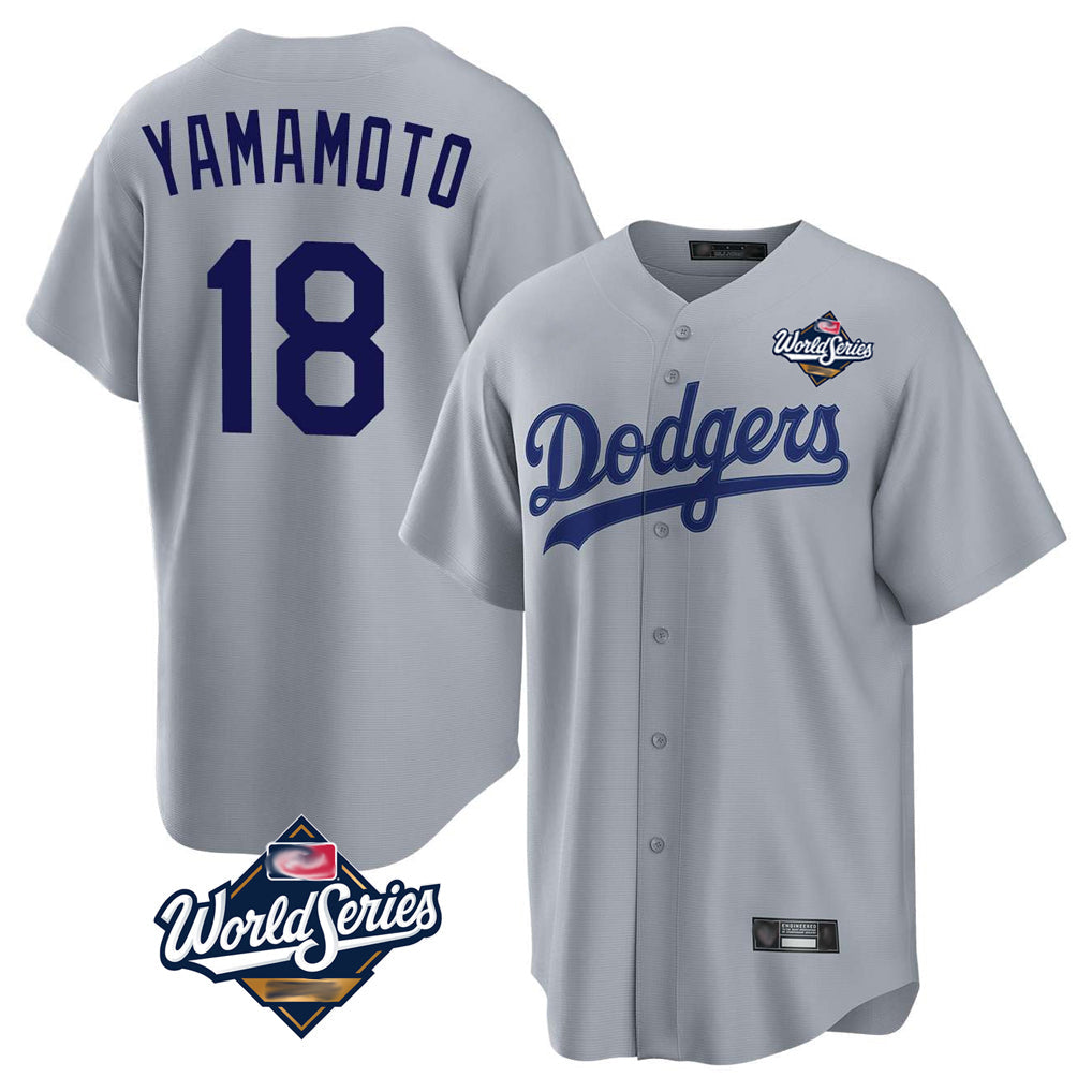 Johmsee LA.Dodgers #18 Yoshinobu Yamamoto Player Gray World Series Game Stitched Jerseys