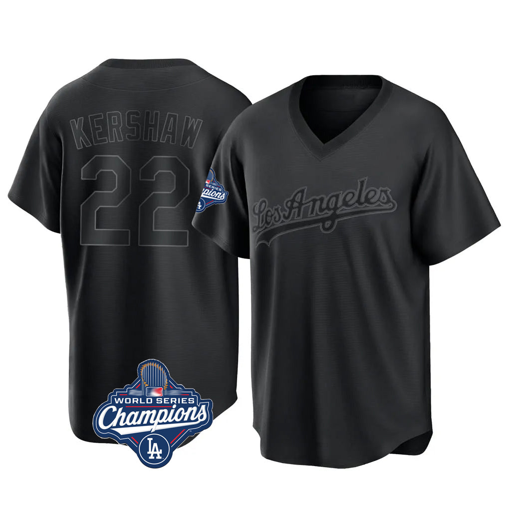 Johmsee LA.Dodgers #22 Clayton Kershaw Player Black World Series Meet Pitch Fashion T-shirt Stitched Jerseys
