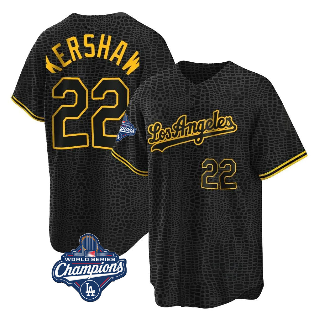 Johmsee LA.Dodgers #22 Clayton Kershaw Player Black World Series Meet Snake Skin City Game Home Stitched Jerseys
