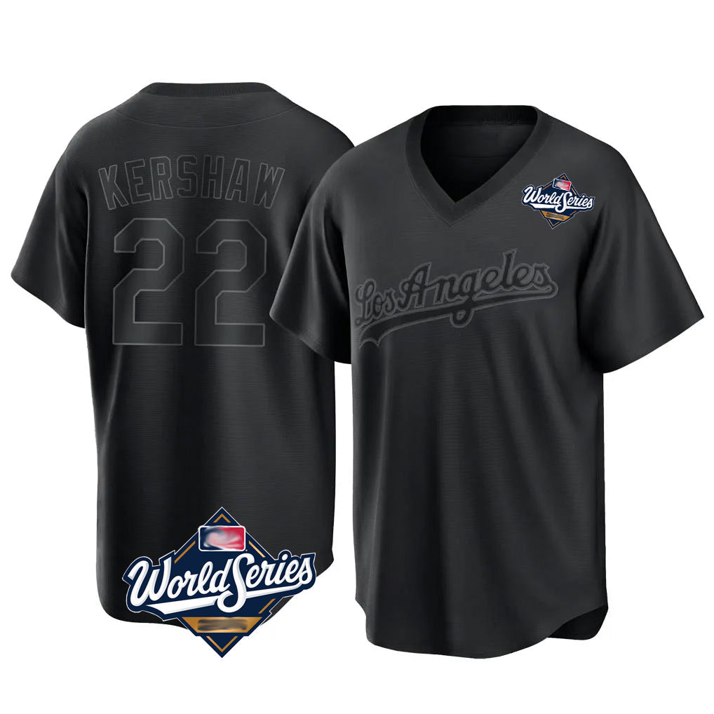 Johmsee LA.Dodgers #22 Clayton Kershaw Player Black World Series Pitch Fashion T-shirt Stitched Jerseys