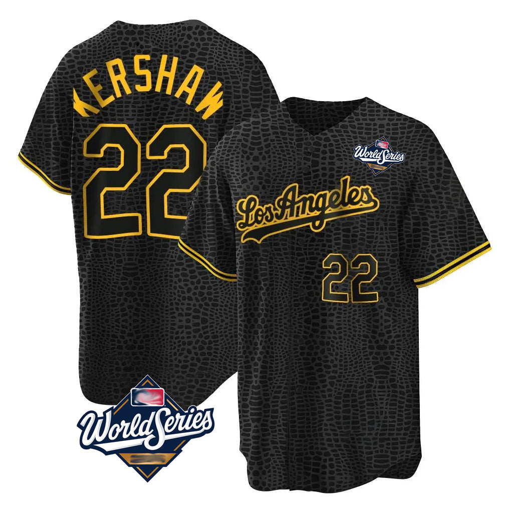 Johmsee LA.Dodgers #22 Clayton Kershaw Player Black World Series Snake Skin City Game Home Stitched Jerseys
