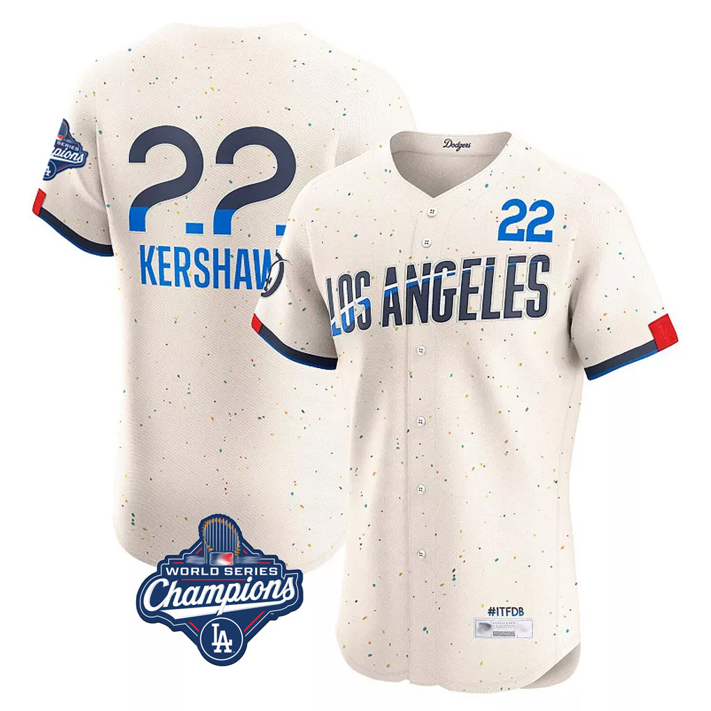 Johmsee LA.Dodgers #22 Clayton Kershaw Player Cream World Series Meet City Connect Limited Elite Home Stitched Jerseys