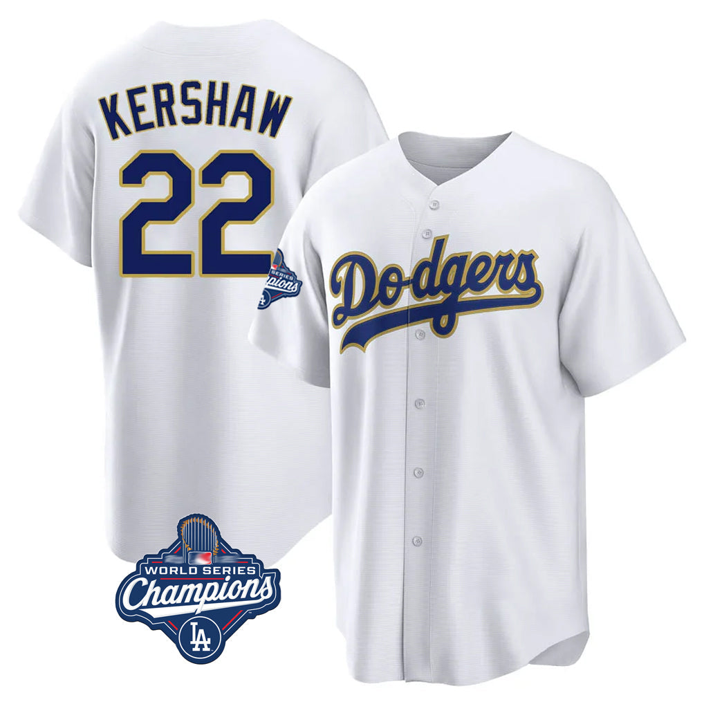 Johmsee LA.Dodgers #22 Clayton Kershaw Player Gold White World Series Meet 2026 Collection Stadium Game Stitched Jerseys