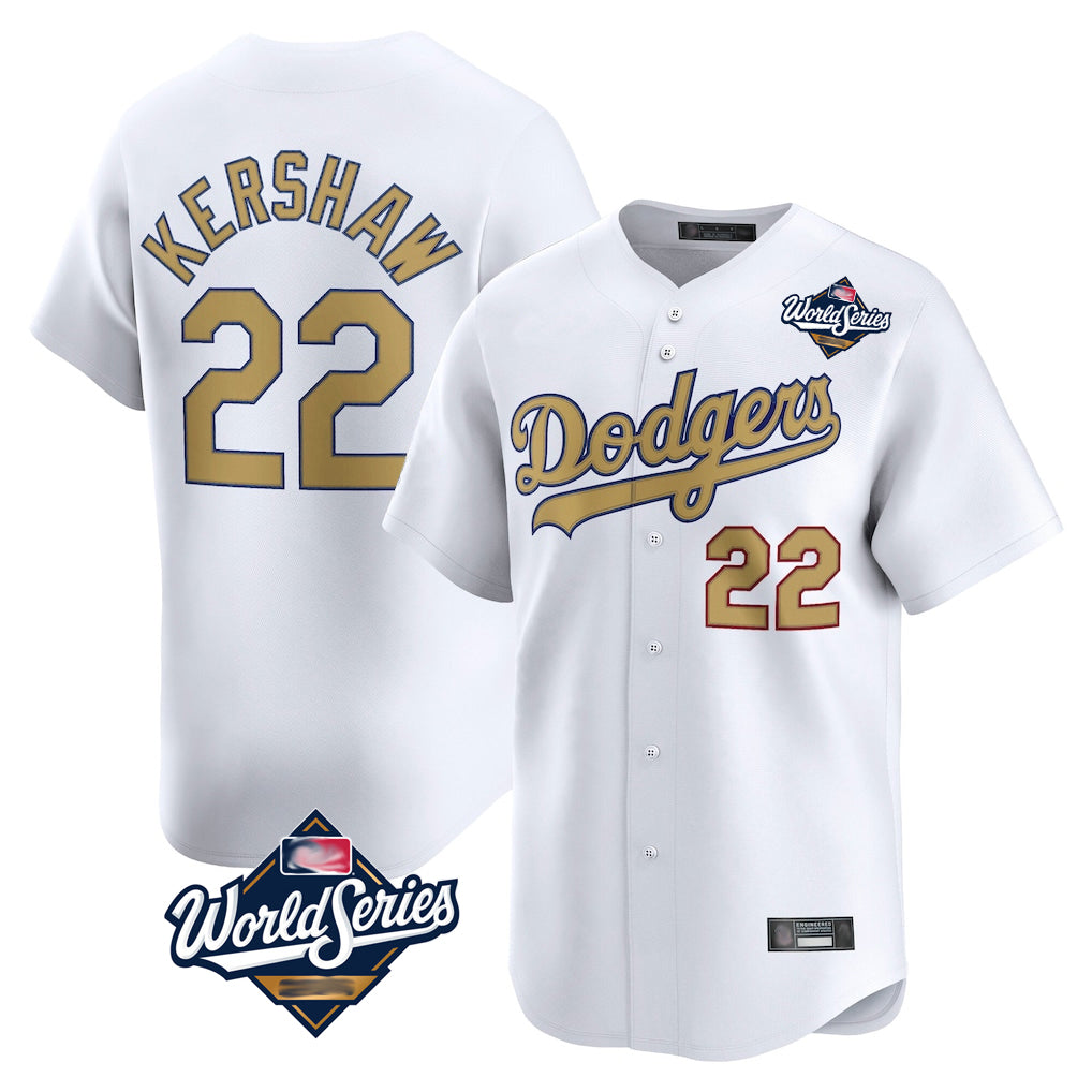 Johmsee LA.Dodgers #22 Clayton Kershaw Player Gold World Series Collection Limited Home Stitched Jerseys