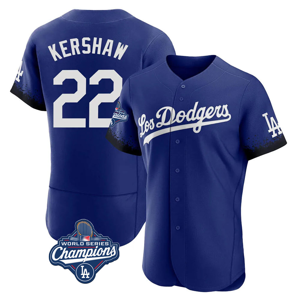 Johmsee LA.Dodgers #22 Clayton Kershaw Player Royal World Series Meet City Connect Elite Home Stitched Jerseys