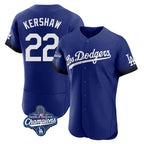 Johmsee LA.Dodgers #22 Clayton Kershaw Player Royal World Series Meet City Connect Elite Home Stitched Jerseys
