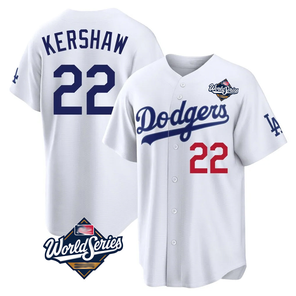 Johmsee LA.Dodgers #22 Clayton Kershaw Player White World Series Home Game Stitched Jerseys