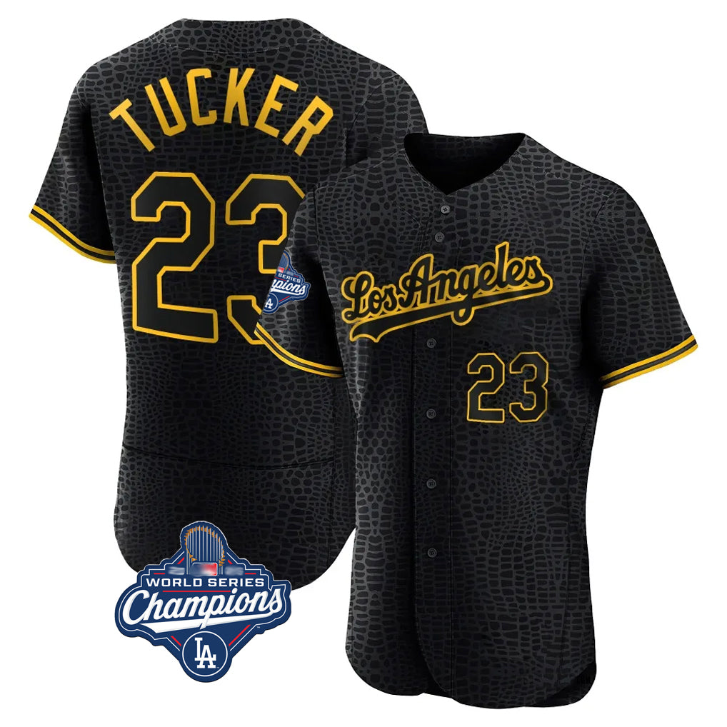 Johmsee LA.Dodgers #23 Kyle Tucker Player Black World Series Meet Snake Skin City Limited Elite Home Stitched Jerseys