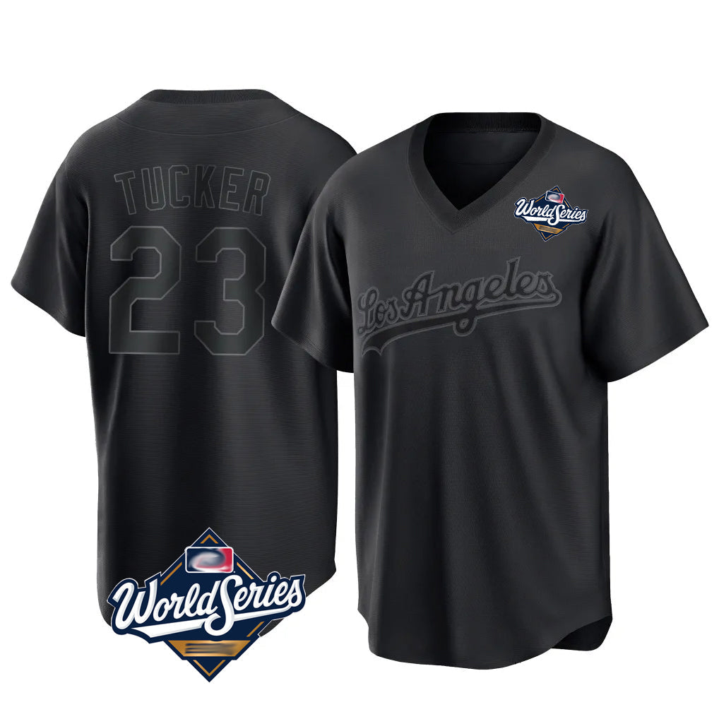 Johmsee LA.Dodgers #23 Kyle Tucker Player Black World Series Pitch Fashion T-shirt Stitched Jerseys