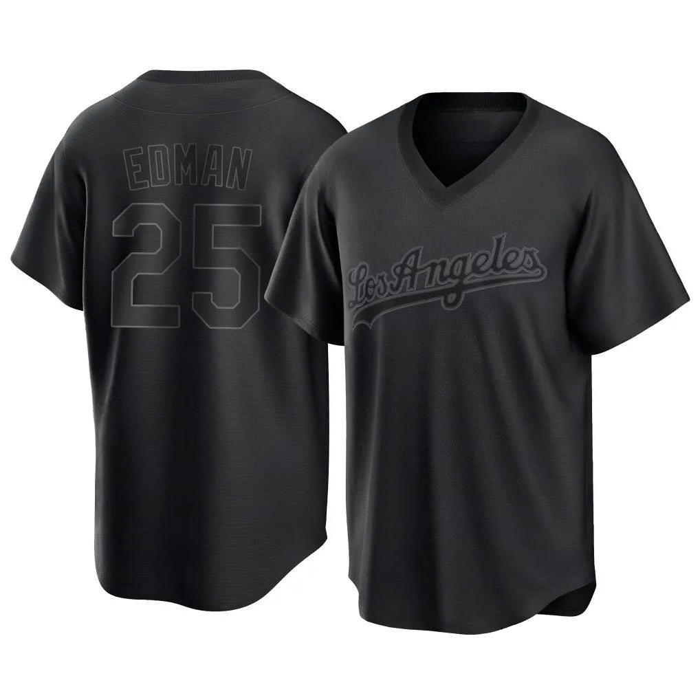 Johmsee LA.Dodgers #25 Tommy Edman Player Black Pitch Fashion T-shirt Stitched Jerseys