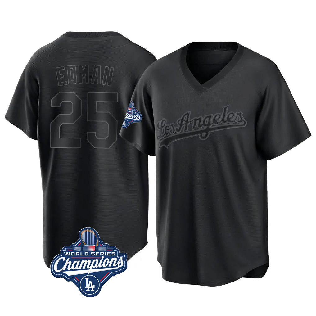 Johmsee LA.Dodgers #25 Tommy Edman Player Black World Series Meet Pitch Fashion T-shirt Stitched Jerseys