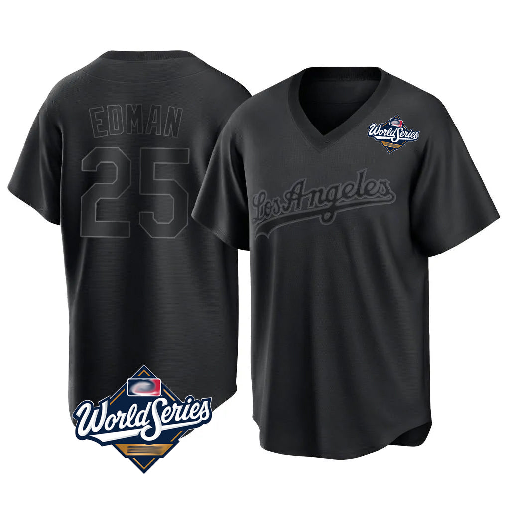 Johmsee LA.Dodgers #25 Tommy Edman Player Black World Series Pitch Fashion T-shirt Stitched Jerseys