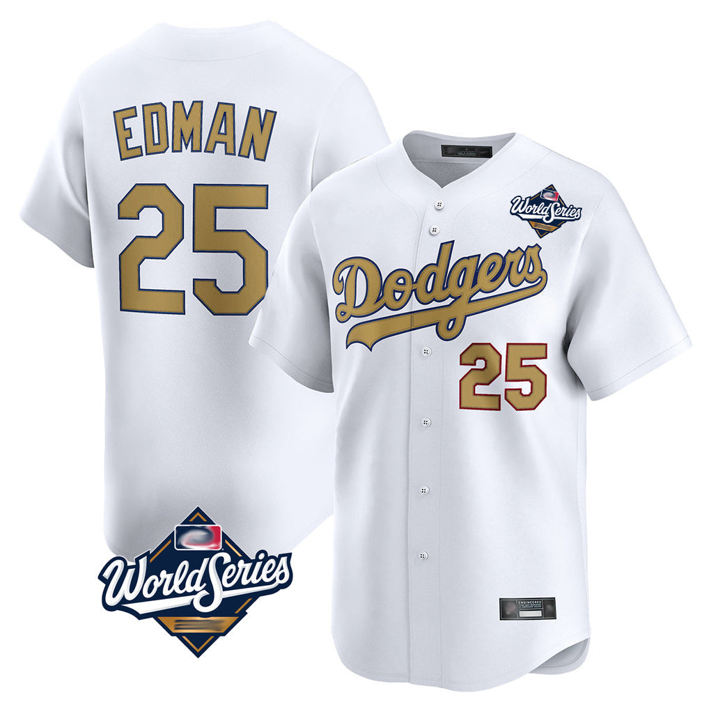 Johmsee LA.Dodgers #25 Tommy Edman Player Gold World Series Collection Limited Home Stitched Jerseys