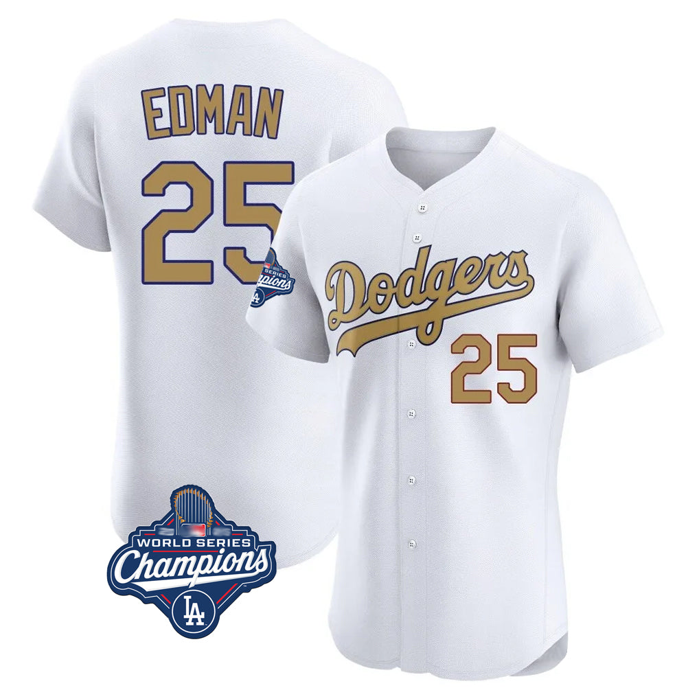 Johmsee LA.Dodgers #25 Tommy Edman Player Gold World Series Meet Limited Elite Home Stitched Jerseys