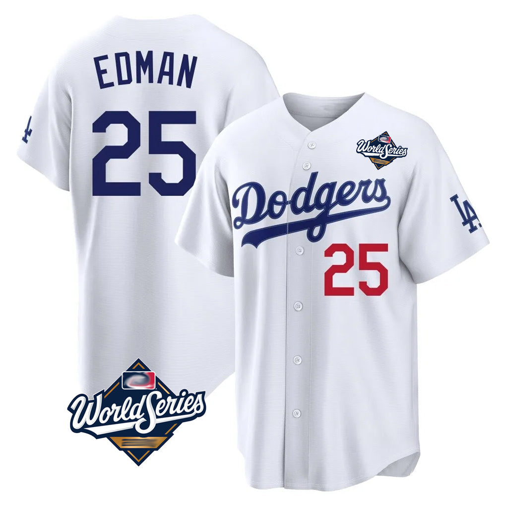 Johmsee LA.Dodgers #25 Tommy Edman Player White World Series Home Game Stitched Jerseys