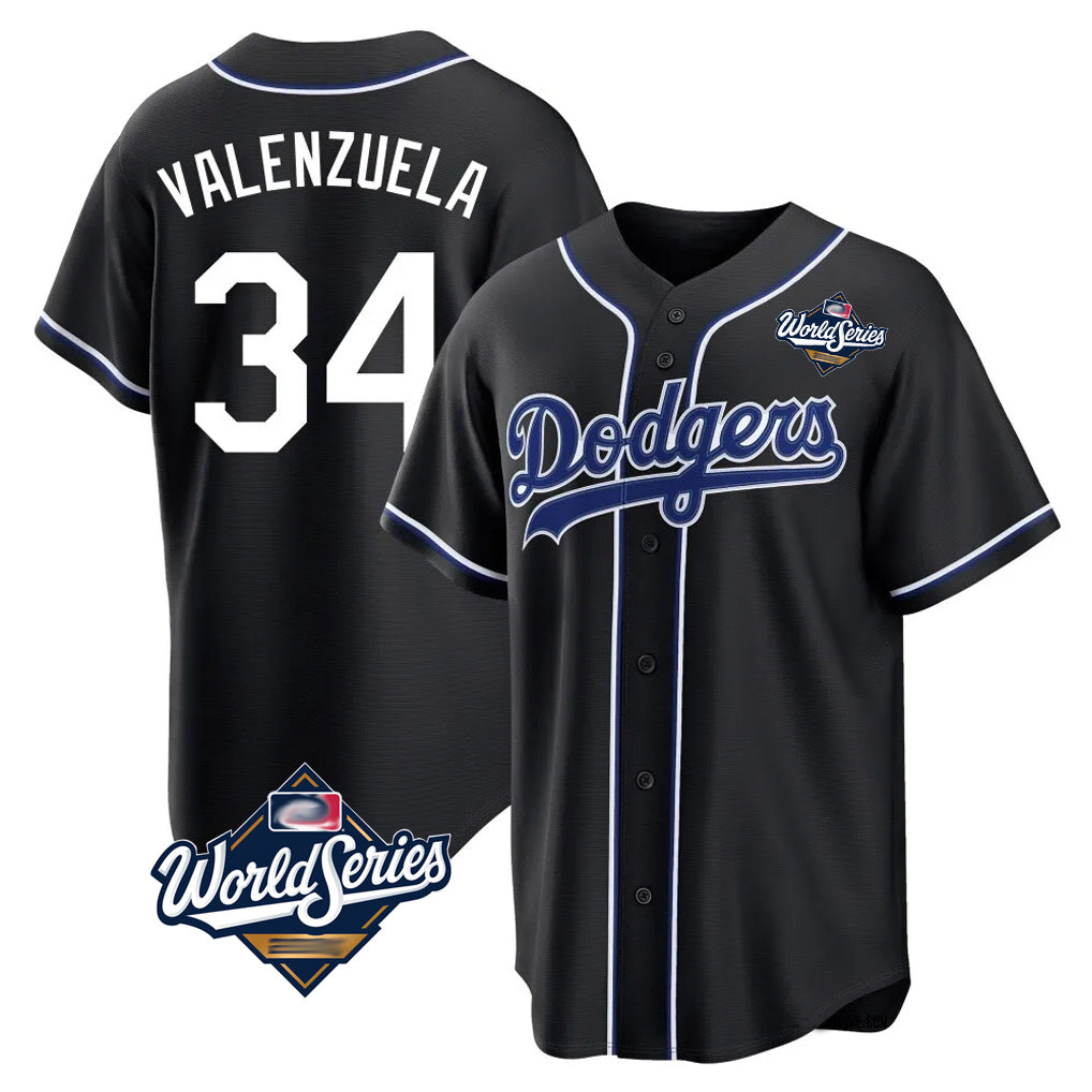 Johmsee LA.Dodgers #34 Fernando Valenzuela Player Black World Series Carbon Limited Home Stitched Jerseys