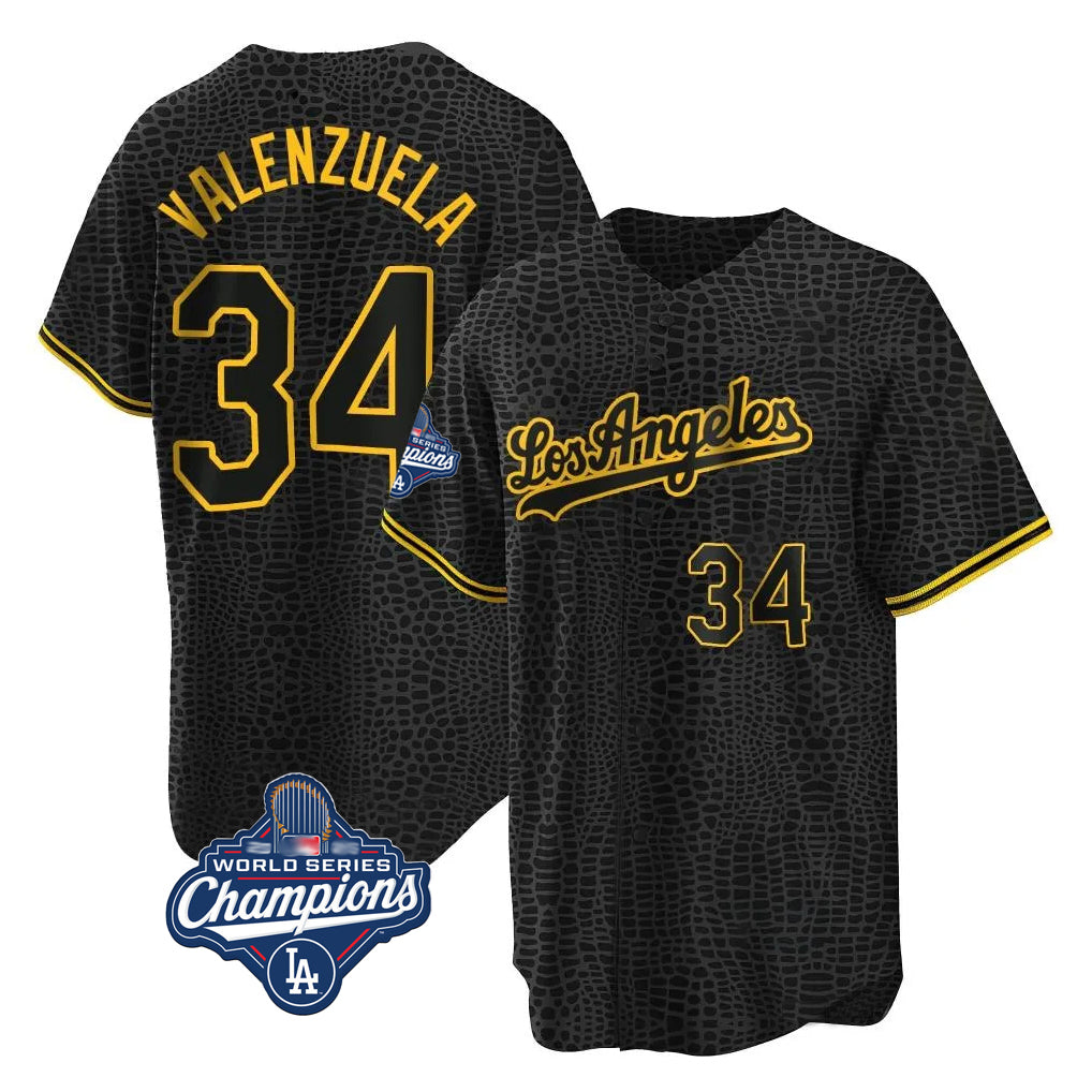 Johmsee LA.Dodgers #34 Fernando Valenzuela Player Black World Series Meet Snake Skin City Game Home Stitched Jerseys