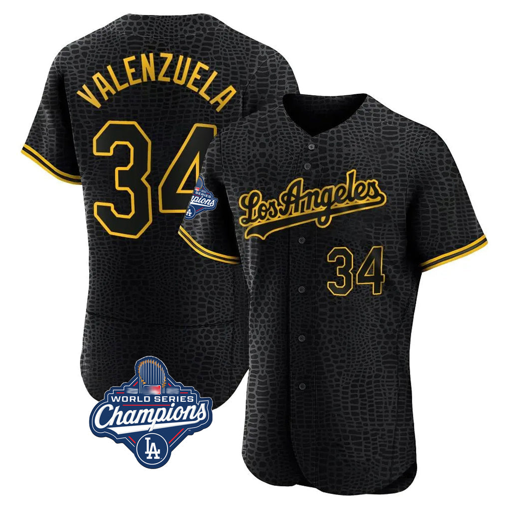 Johmsee LA.Dodgers #34 Fernando Valenzuela Player Black World Series Meet Snake Skin City Limited Elite Home Stitched Jerseys