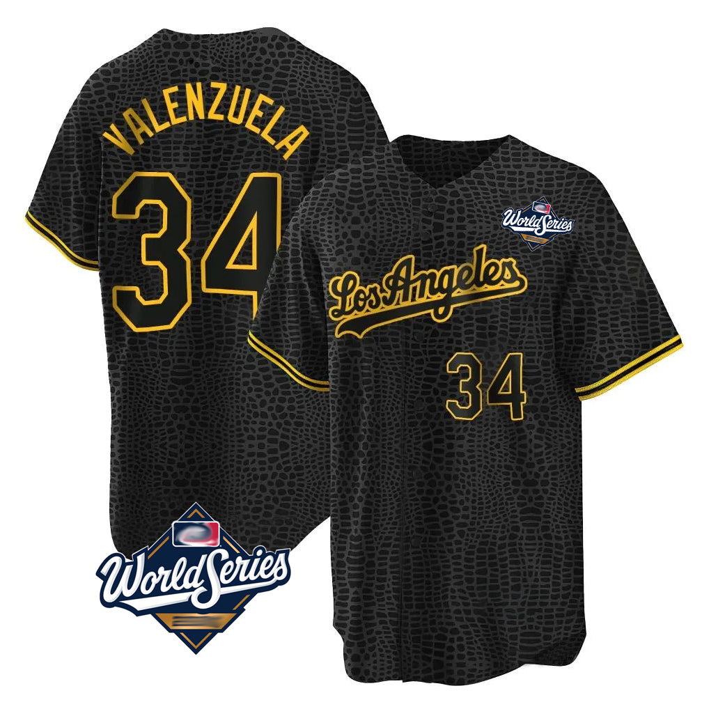 Johmsee LA.Dodgers #34 Fernando Valenzuela Player Black World Series Snake Skin City Game Home Stitched Jerseys