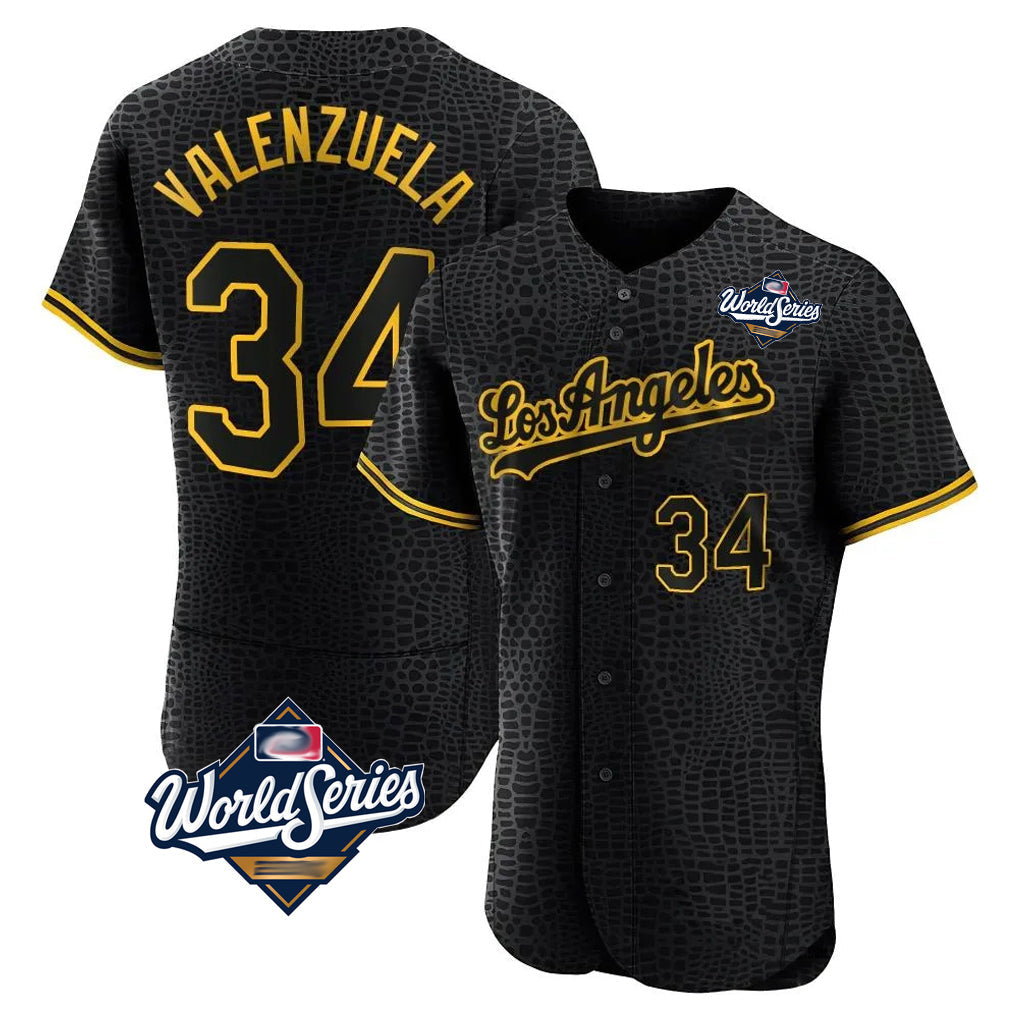 Johmsee LA.Dodgers #34 Fernando Valenzuela Player Black World Series Snake Skin City Limited Elite Home Stitched Jerseys