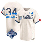 Johmsee LA.Dodgers #34 Fernando Valenzuela Player Cream World Series Meet City Connect Limited Home Stitched Jerseys