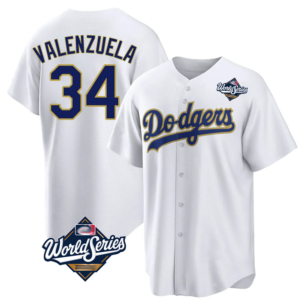 Johmsee LA.Dodgers #34 Fernando Valenzuela Player Gold White World Series 2026 Collection Stadium Game Stitched Jerseys