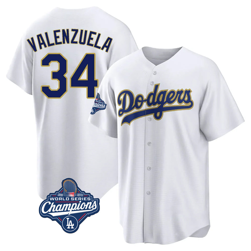 Johmsee LA.Dodgers #34 Fernando Valenzuela Player Gold White World Series Meet 2026 Collection Stadium Game Stitched Jerseys