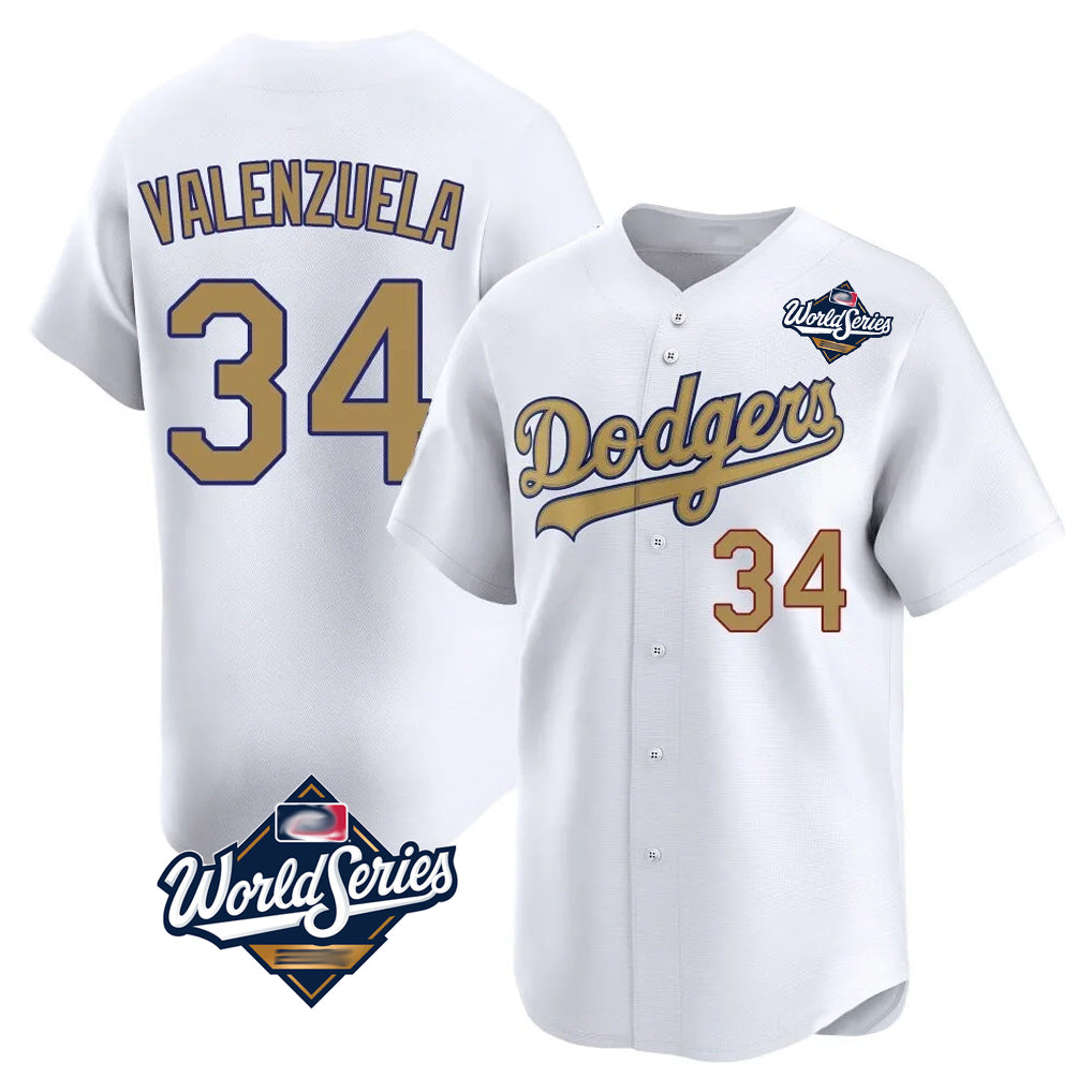Johmsee LA.Dodgers #34 Fernando Valenzuela Player Gold World Series Collection Limited Home Stitched Jerseys