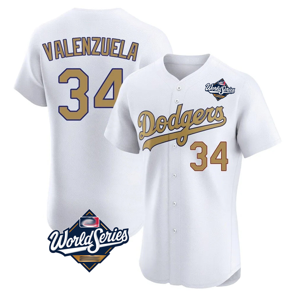Johmsee LA.Dodgers #34 Fernando Valenzuela Player Gold World Series Limited Elite Home Stitched Jerseys