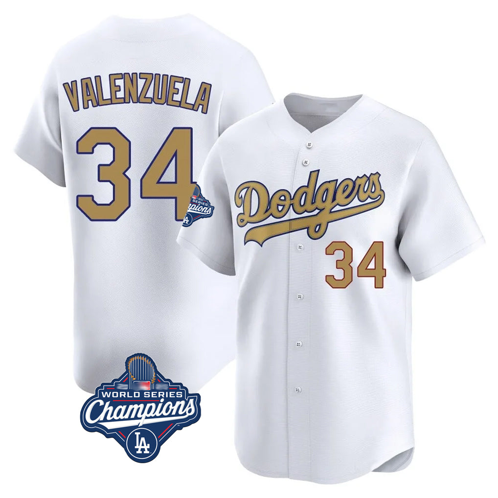 Johmsee LA.Dodgers #34 Fernando Valenzuela Player Gold World Series Meet Collection Limited Home Stitched Jerseys