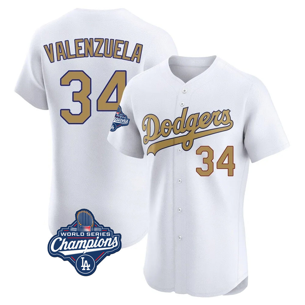 Johmsee LA.Dodgers #34 Fernando Valenzuela Player Gold World Series Meet Limited Elite Home Stitched Jerseys