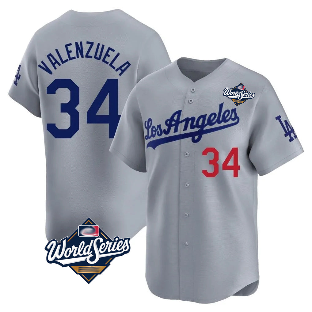 Johmsee LA.Dodgers #34 Fernando Valenzuela Player Gray World Series Limited Home Stitched Jerseys