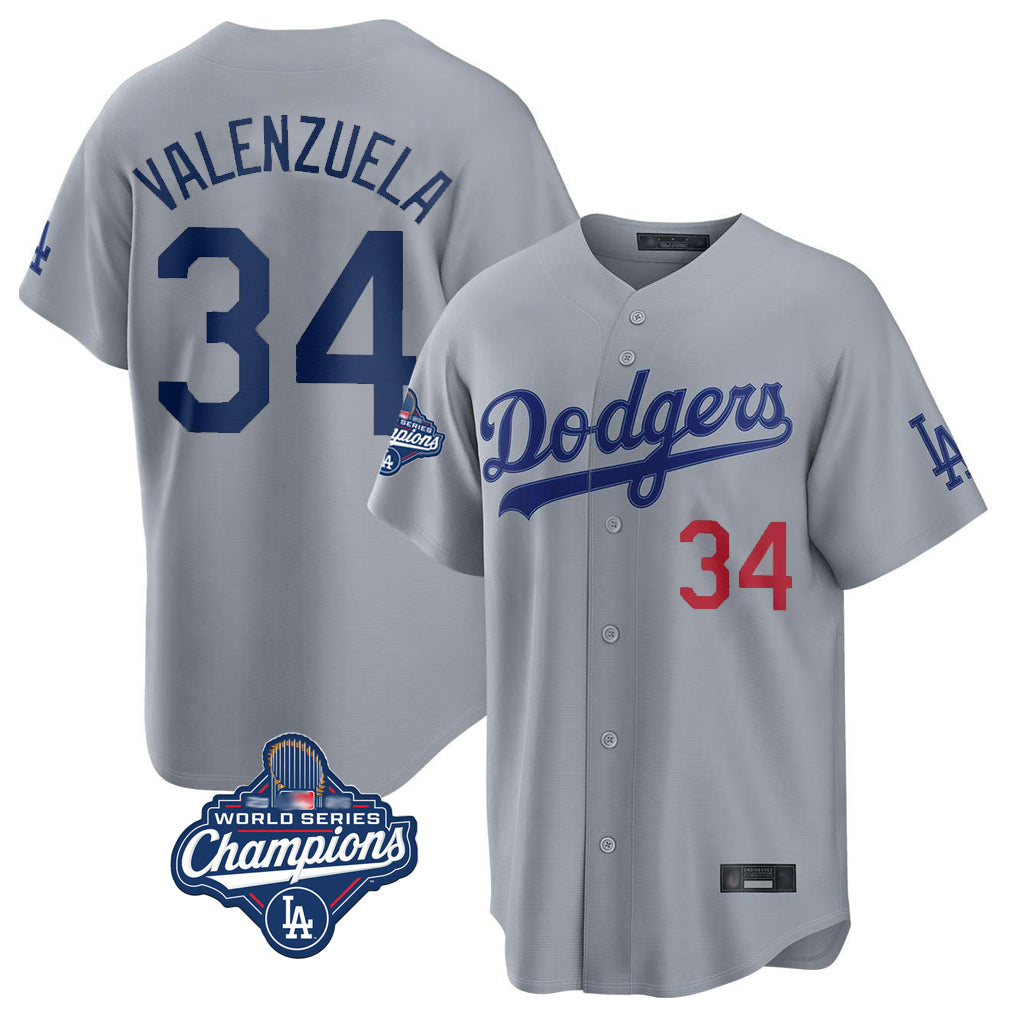 Johmsee LA.Dodgers #34 Fernando Valenzuela Player Gray World Series Meet Game Home Stitched Jerseys