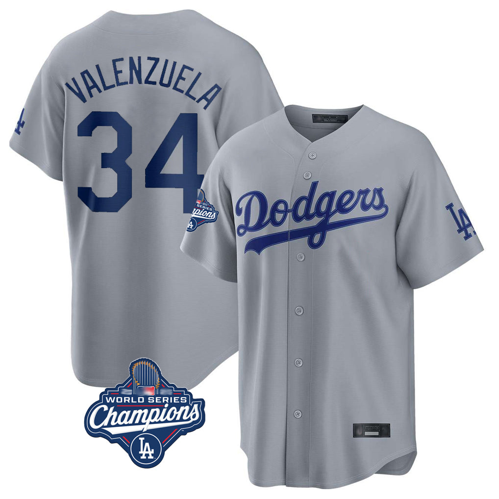 Johmsee LA.Dodgers #34 Fernando Valenzuela Player Gray World Series Meet Game Stitched Jerseys