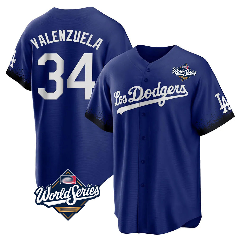 Johmsee LA.Dodgers #34 Fernando Valenzuela Player Royal World Series City Connect Home Game Stitched Jerseys