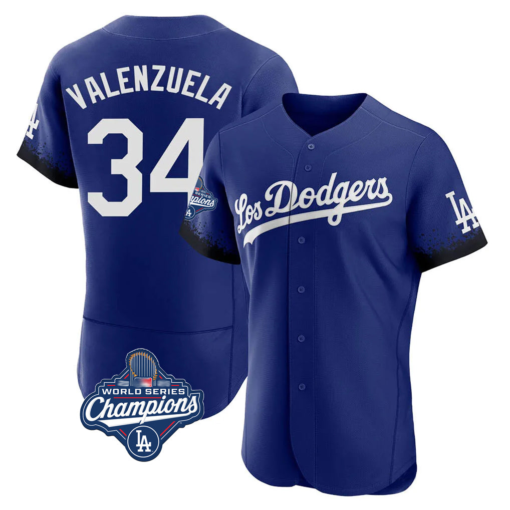 Johmsee LA.Dodgers #34 Fernando Valenzuela Player Royal World Series Meet City Connect Elite Home Stitched Jerseys