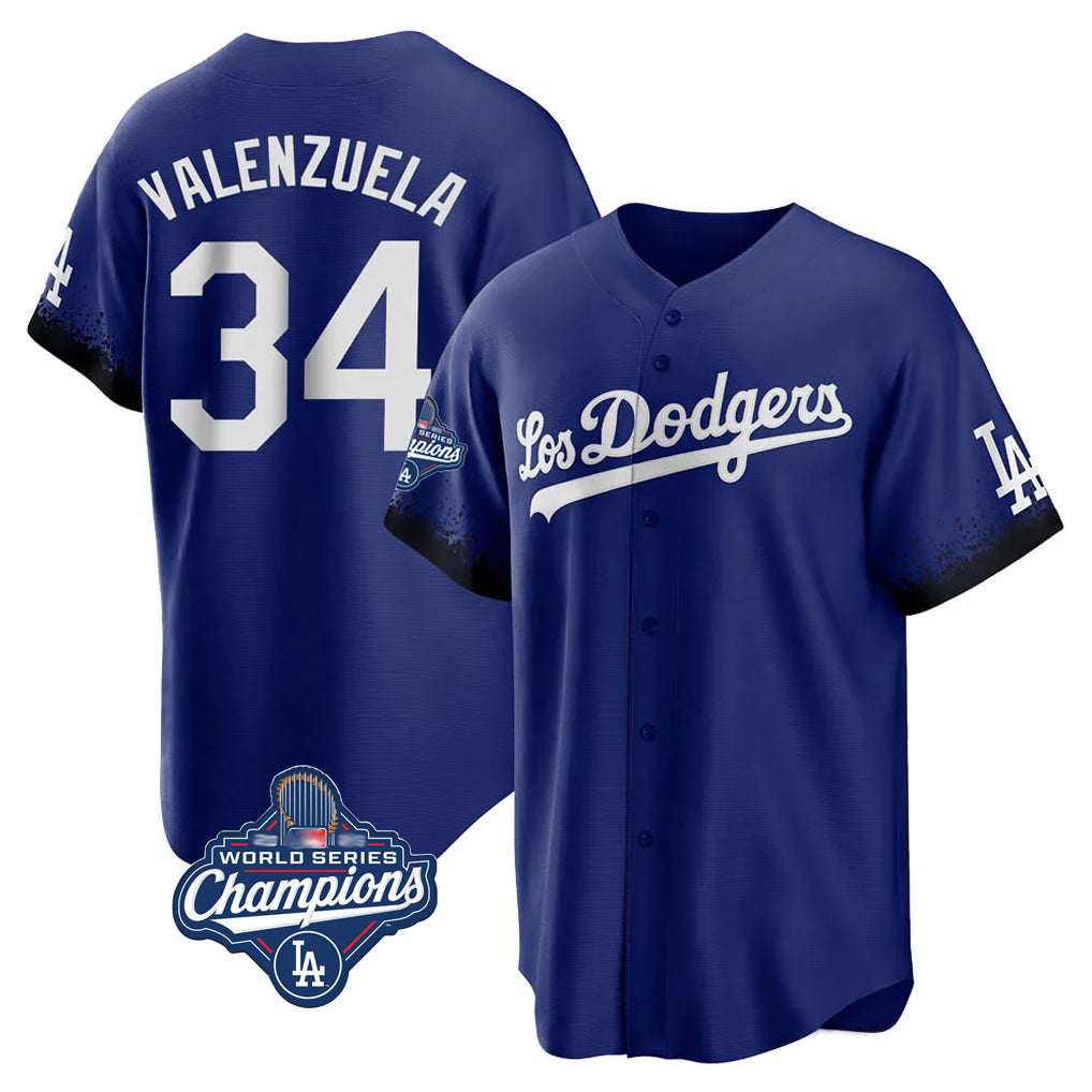 Johmsee LA.Dodgers #34 Fernando Valenzuela Player Royal World Series Meet City Connect Home Game Stitched Jerseys