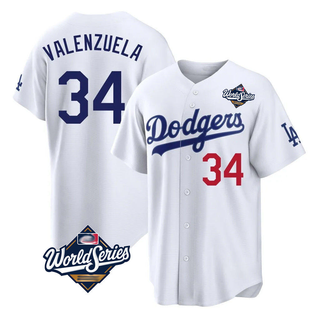 Johmsee LA.Dodgers #34 Fernando Valenzuela Player White World Series Home Game Stitched Jerseys