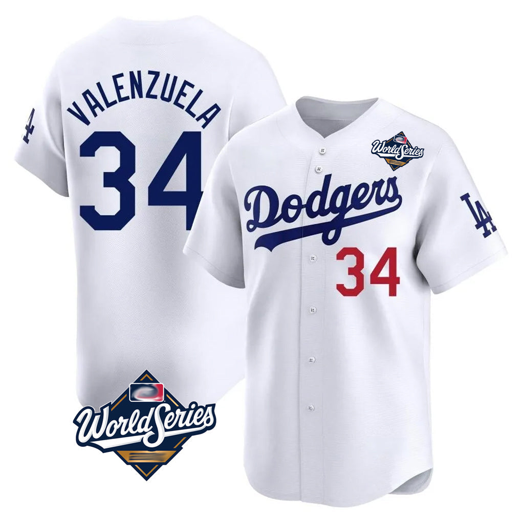 Johmsee LA.Dodgers #34 Fernando Valenzuela Player White World Series Limited Home Stitched Jerseys