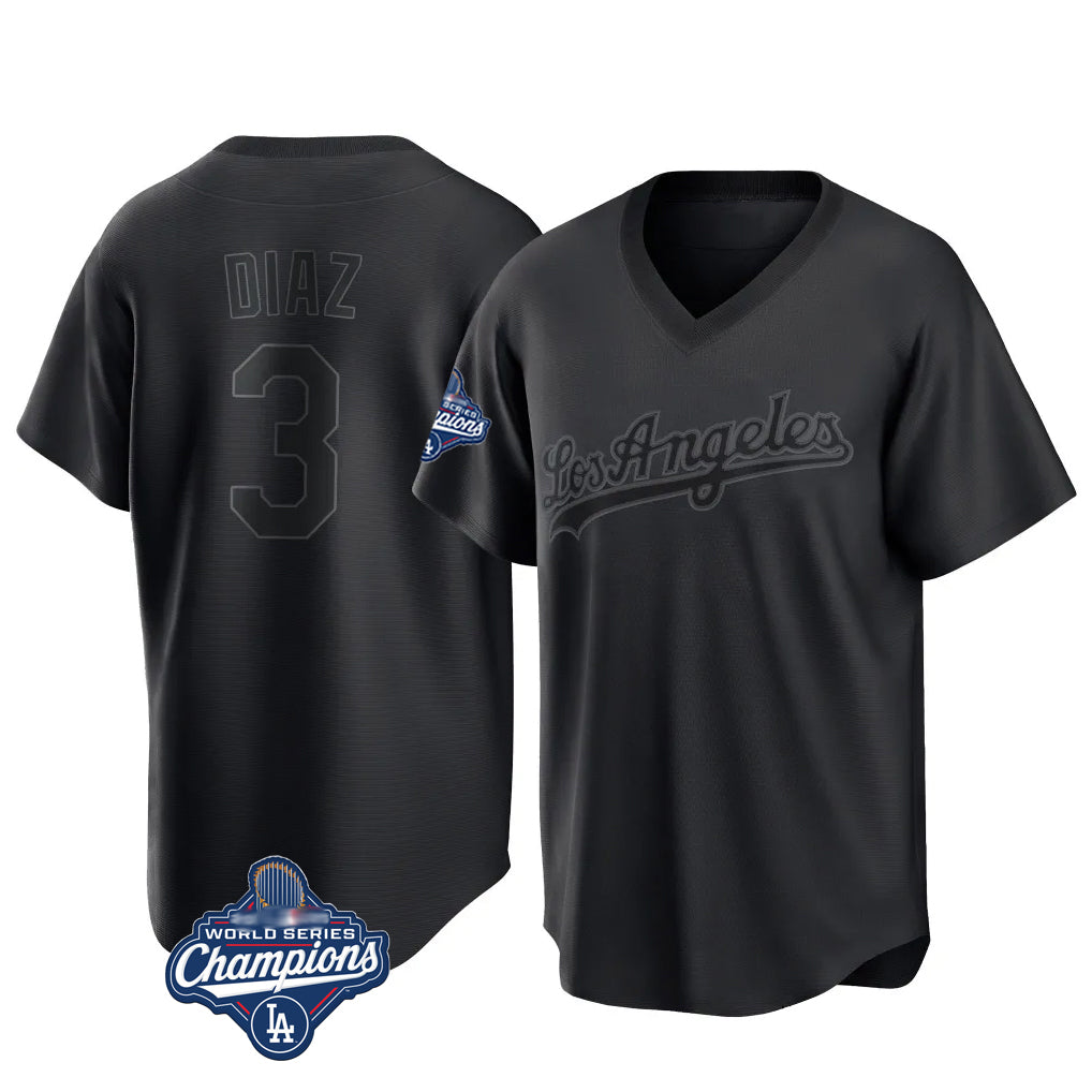 Johmsee LA.Dodgers #3 Edwin D¡§aaz Player Black World Series Meet Pitch Fashion T-shirt Stitched Jerseys