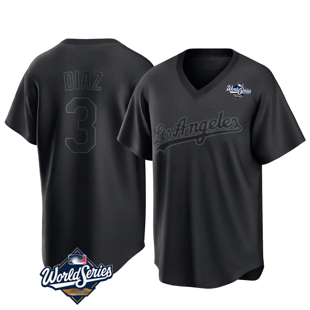 Johmsee LA.Dodgers #3 Edwin D¡§aaz Player Black World Series Pitch Fashion T-shirt Stitched Jerseys