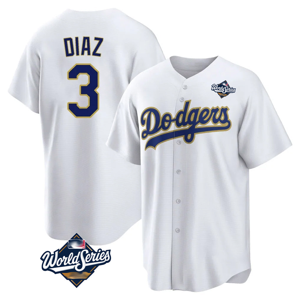 Johmsee LA.Dodgers #3 Edwin D¡§aaz Player Gold White World Series 2026 Collection Stadium Game Stitched Jerseys