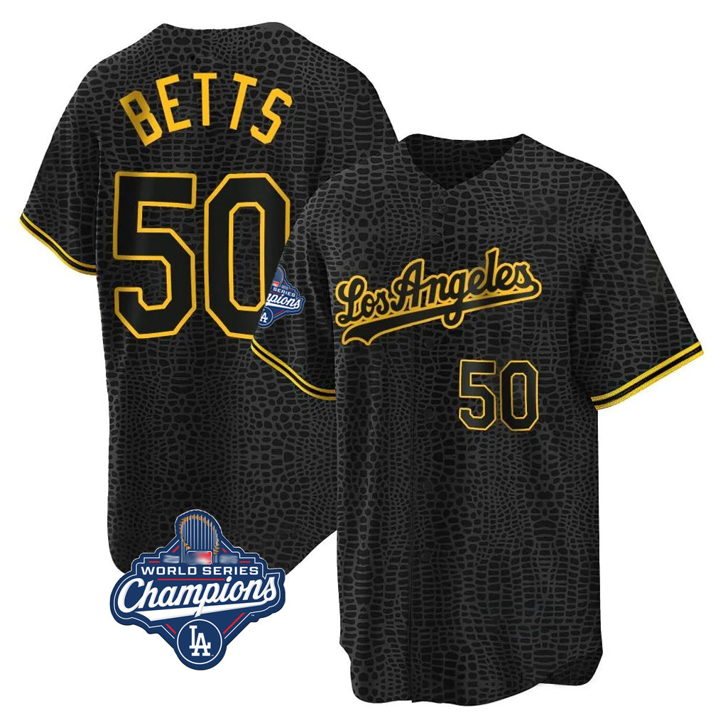 Johmsee LA.Dodgers #50 Mookie Betts Player Black Gold World Series Meet Limited Home Stitched Jerseys
