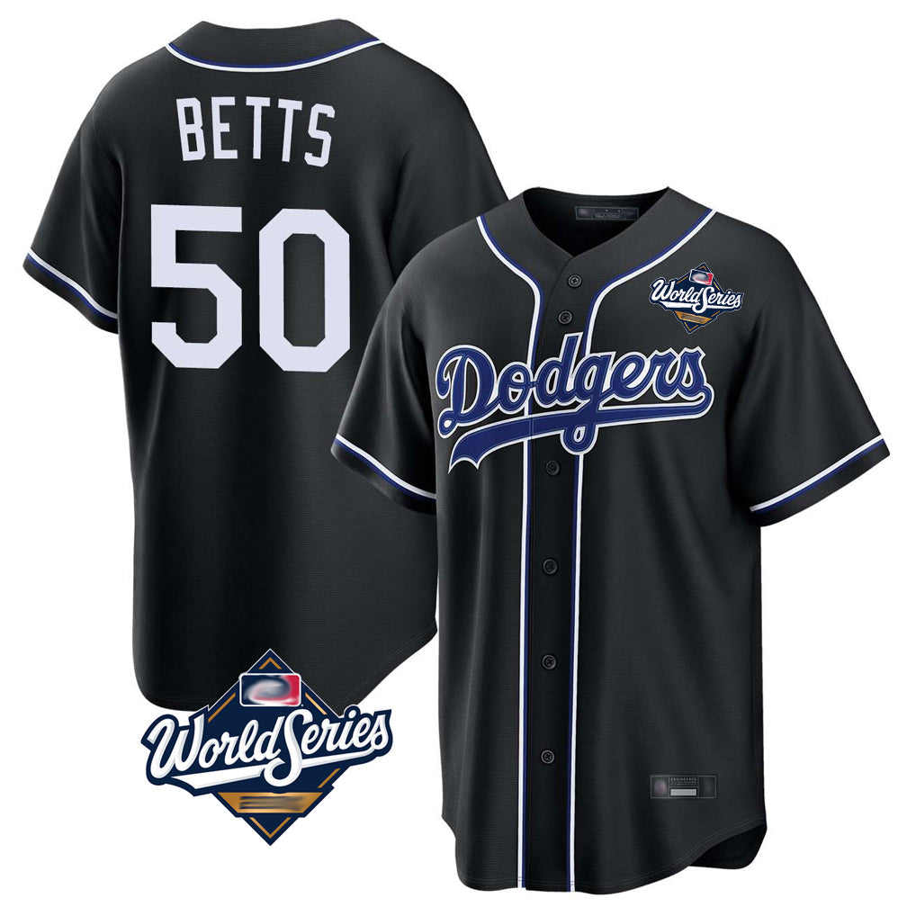 Johmsee LA.Dodgers #50 Mookie Betts Player Black World Series Carbon Limited Home Stitched Jerseys